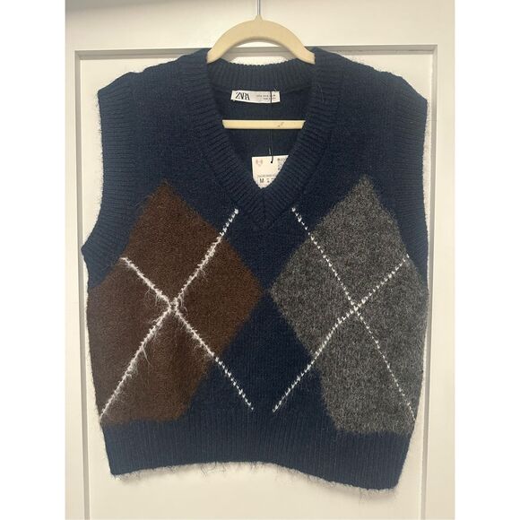 NWT Zara argyle oversized cropped sweater vest - Picture 4 of 7